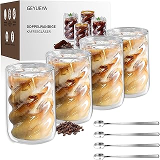 GEYUEYA Home Latte Macchiato Gläser 350ml 4er Set - Thermoglas Doppelwandige Kaffeegläser Mit Löffeln, Geschenke Für Frauen, Weihnachtsgeschenke