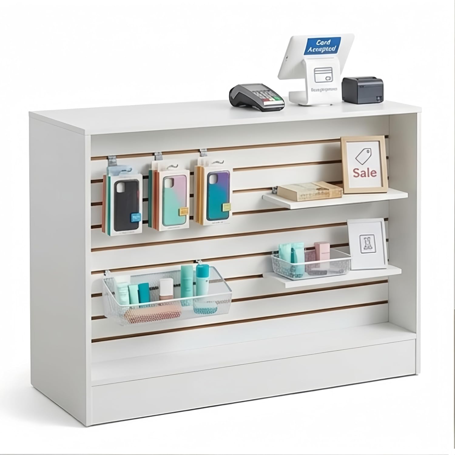 48" White Single Side Slatwall Cashier Counter, Multi-Purpose Retail Desk with Adjustable Storage Cubbies
