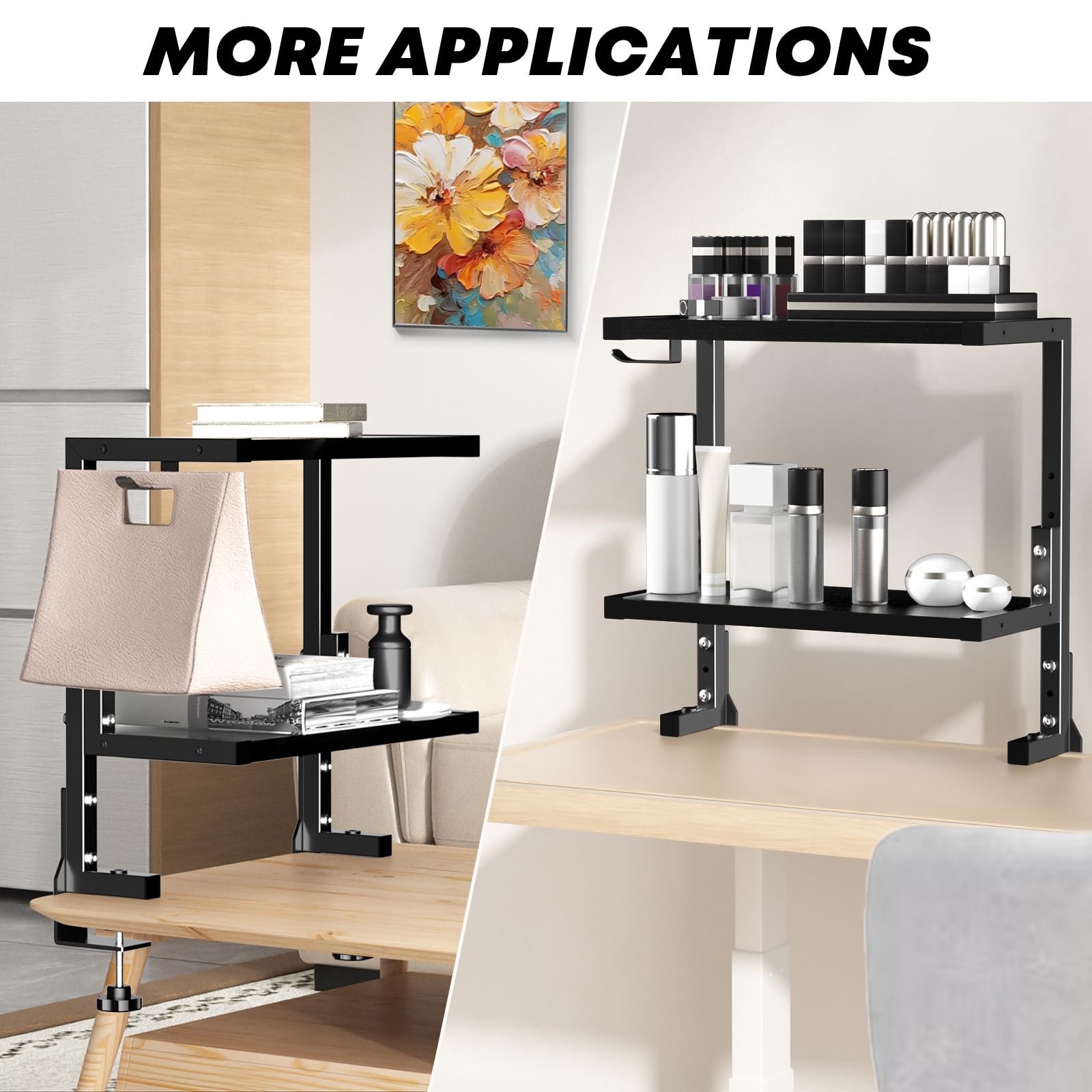 PUTORSEN 15 Pollici Morsetto su Scaffale da Scrivania, Scaffale a 2 Livelli Sopra o Sotto la Scrivania, Organizzatore da Cucina Personalizzabile per gli Accessori, Nero