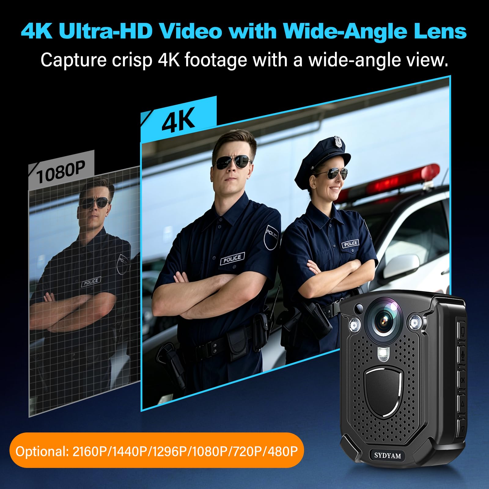 SYDYAM Telecamera per il corpo 4K, 11-13 ore con registrazione audio e video, codice video H.265, per guardia di sicurezza, conduttore del treno, consegna cameriere (128 GB)