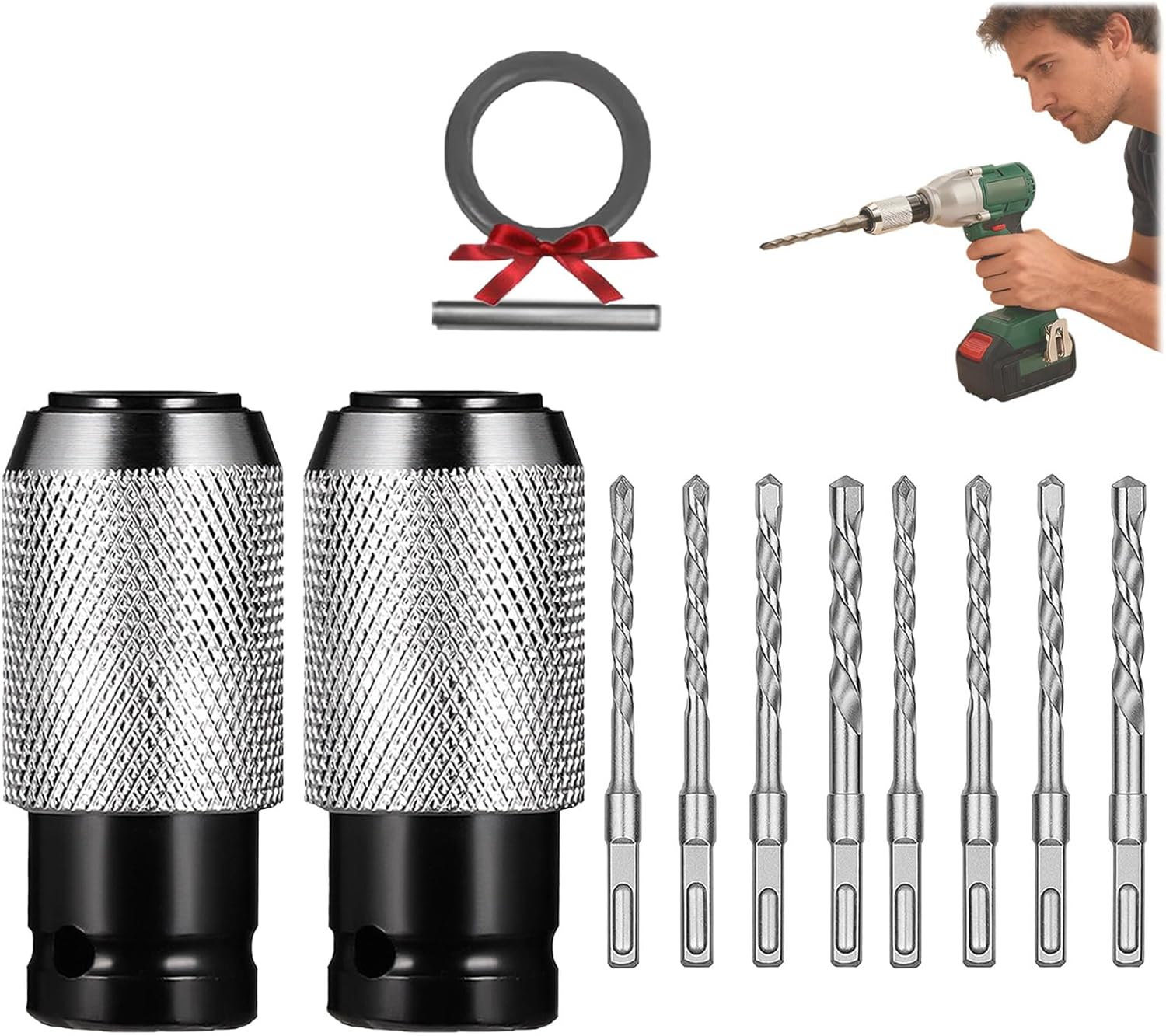 Rotary Hammer Adapter with Impact Drill Bits Set, Electric Hammer to Drill Converter, Air Hammer Socket Adapter, with Adapter and 4 Hammer Bits (2set)