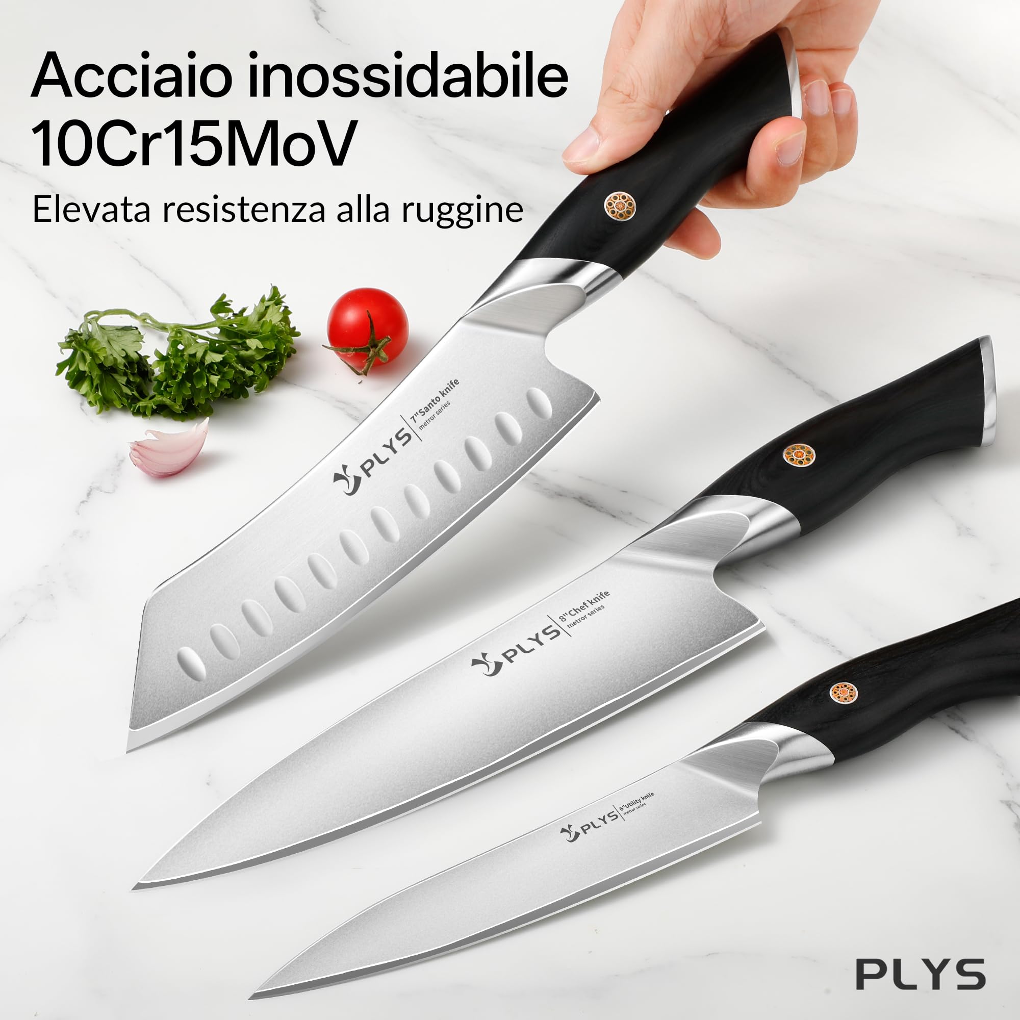 Plys Set di Coltelli da Cucina: 3 Pezzi, Acciaio Inossidabile 10cr15mov, Manico in Legno Pakka, Include Un Coltello da Chef, Un Coltello Santoku e Un Coltello Multiuso, Confezione Regalo
