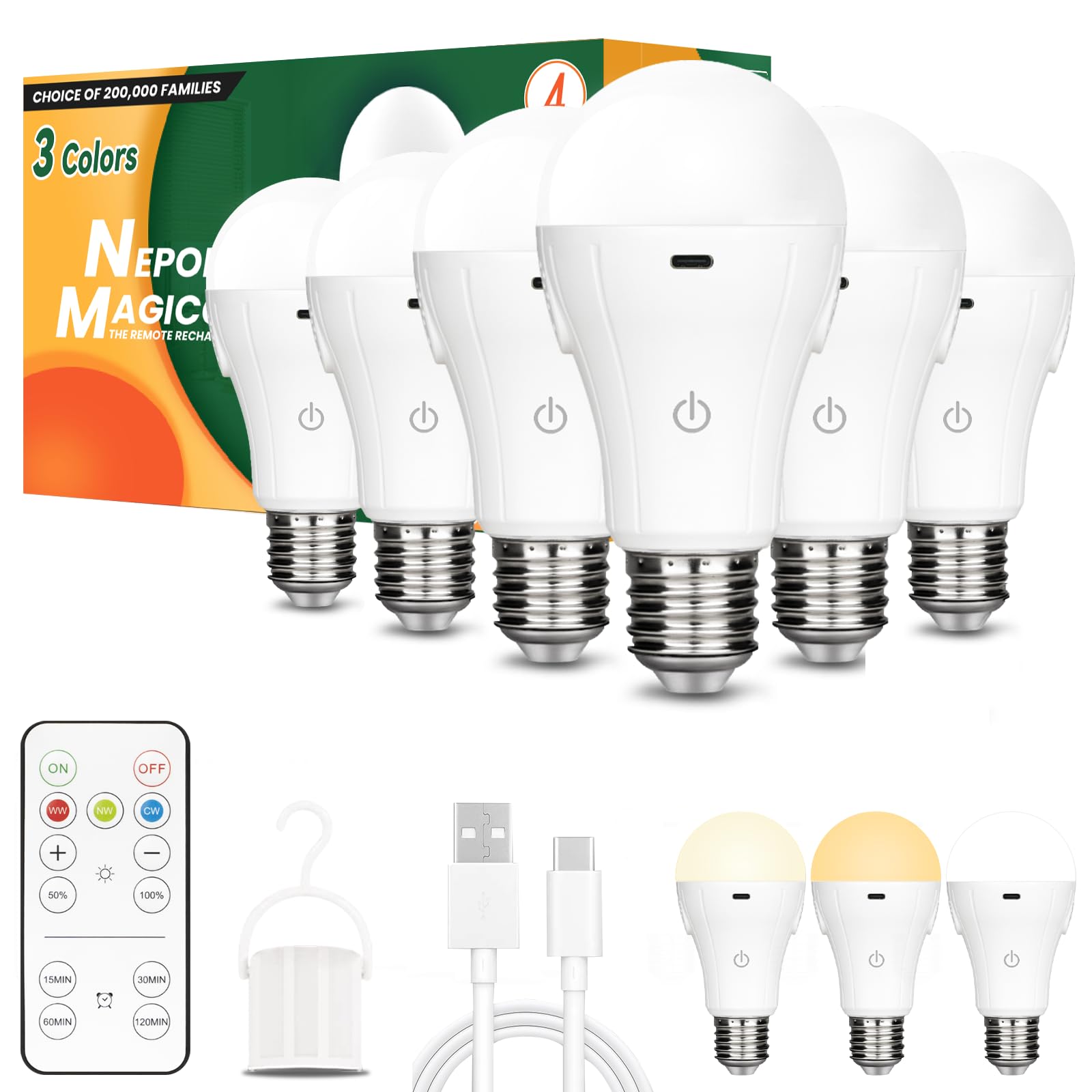 Neporal MagicGlow Rechargeable Light Bulbs with Remote, 3 Color Shift + Dimmable Battery Powered Light Bulbs, USB Rechargeable, A19 Emergency LED Light Bulb, 15W (3000K, Count, 6) — image 1