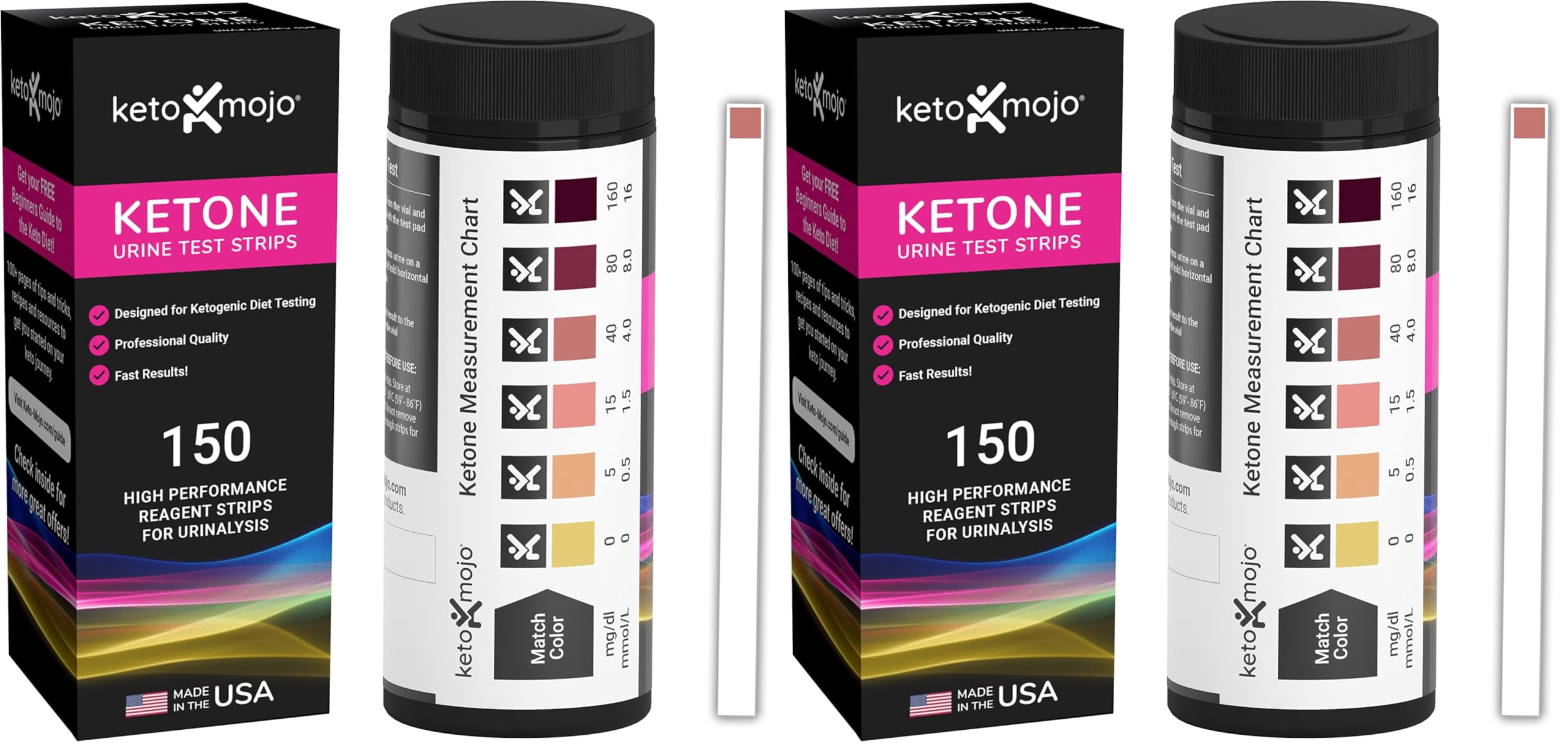 150 Ketone Urine Test Strips, App &amp; Keto Guide eBook Included, Extra-Long for Easy Sampling, Urinalysis Test for Ketosis on Ketogenic and Low-Carb Diets (Pack of 2)