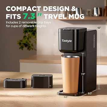 Tastyle Single Serve Coffee Maker Hot and Iced with Bold Brew, Small Coffee Machine for K Cup and Ground, Fits 7.3'' Travel Mug, Brews up to 16 Oz, 5 Cup Sizes, for Office, RV& Hotel, Elegant Black