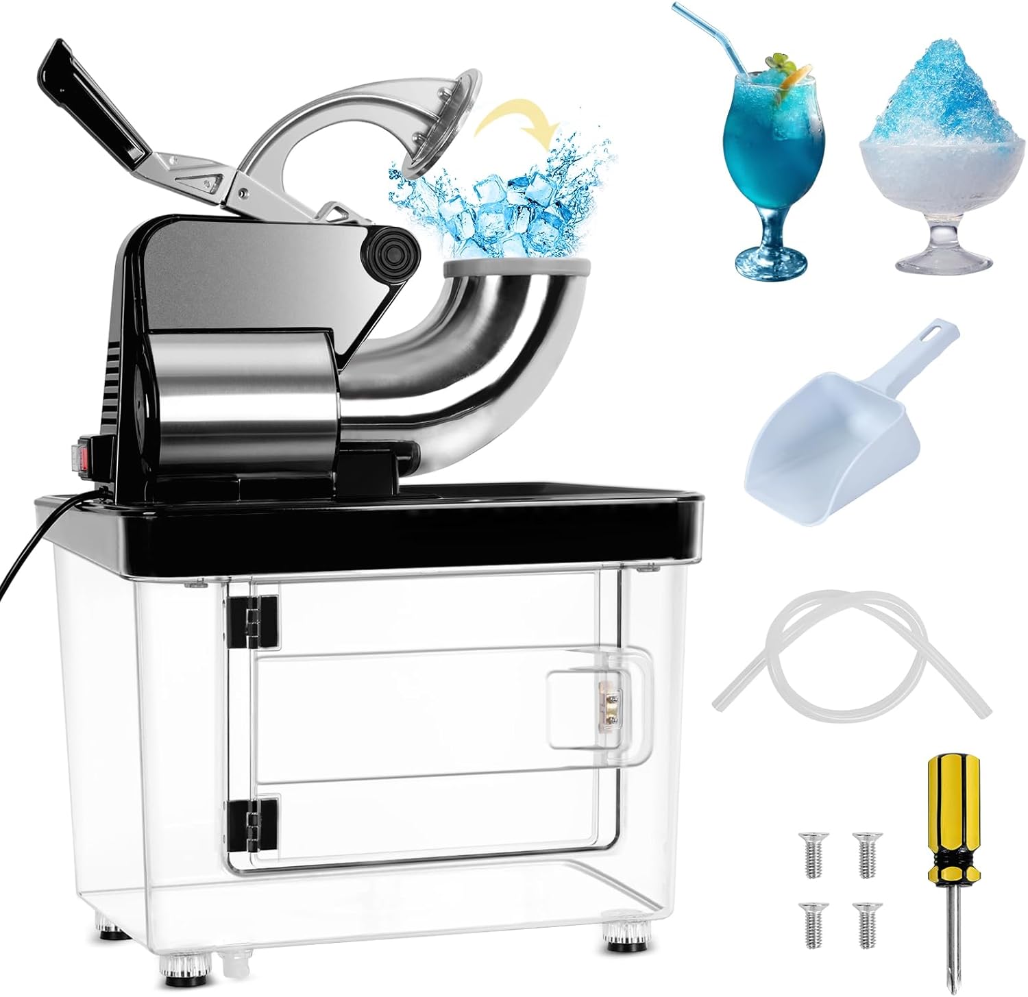 Upgraded Snow Cone Machine, Shaved Ice Machine, 110V Commercial Ice Crusher 300kgs/h, 350W Electric Snow Cone Machine with Dual Blades, Stainless Steel Shaved Ice Machine for Family