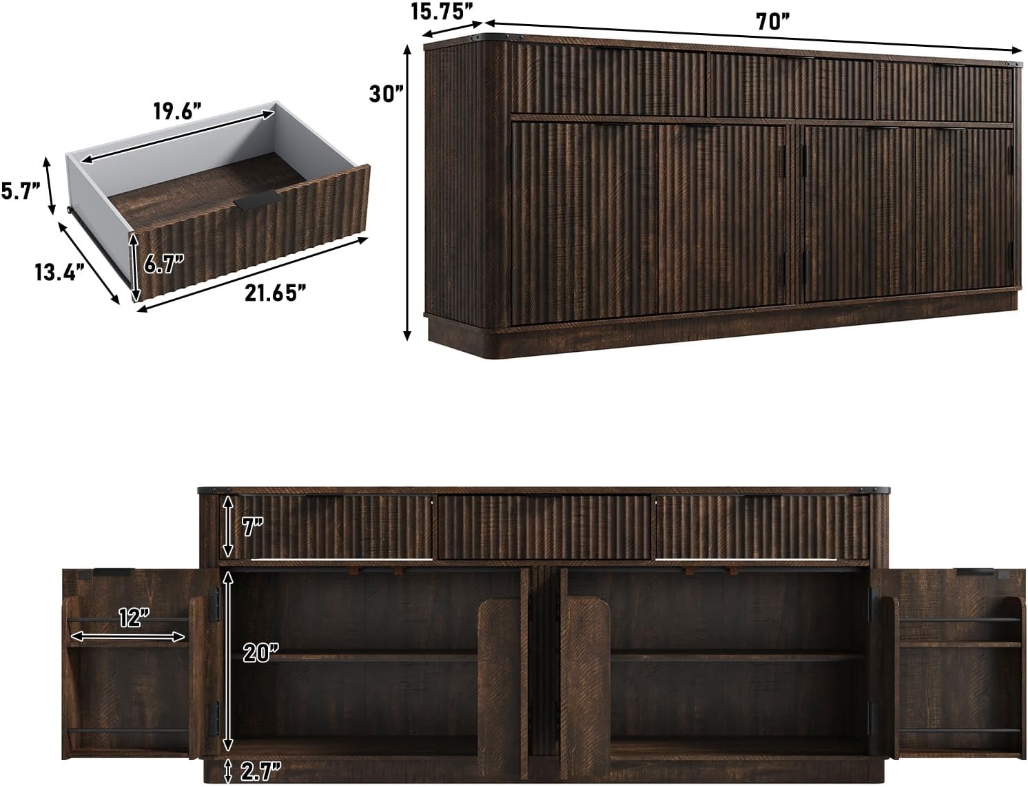 70” Large Curved Buffet Cabinet with 3 Storage Drawers,Kitchen Fluted Sideboard Cabinet w 4 Door Shelves,w Load-Bearing Steel Pipe,Wood Farmhouse Coffee Bar Cabinets,Kitchen Pantry(Rustic Brown) Rustic Brown 70in