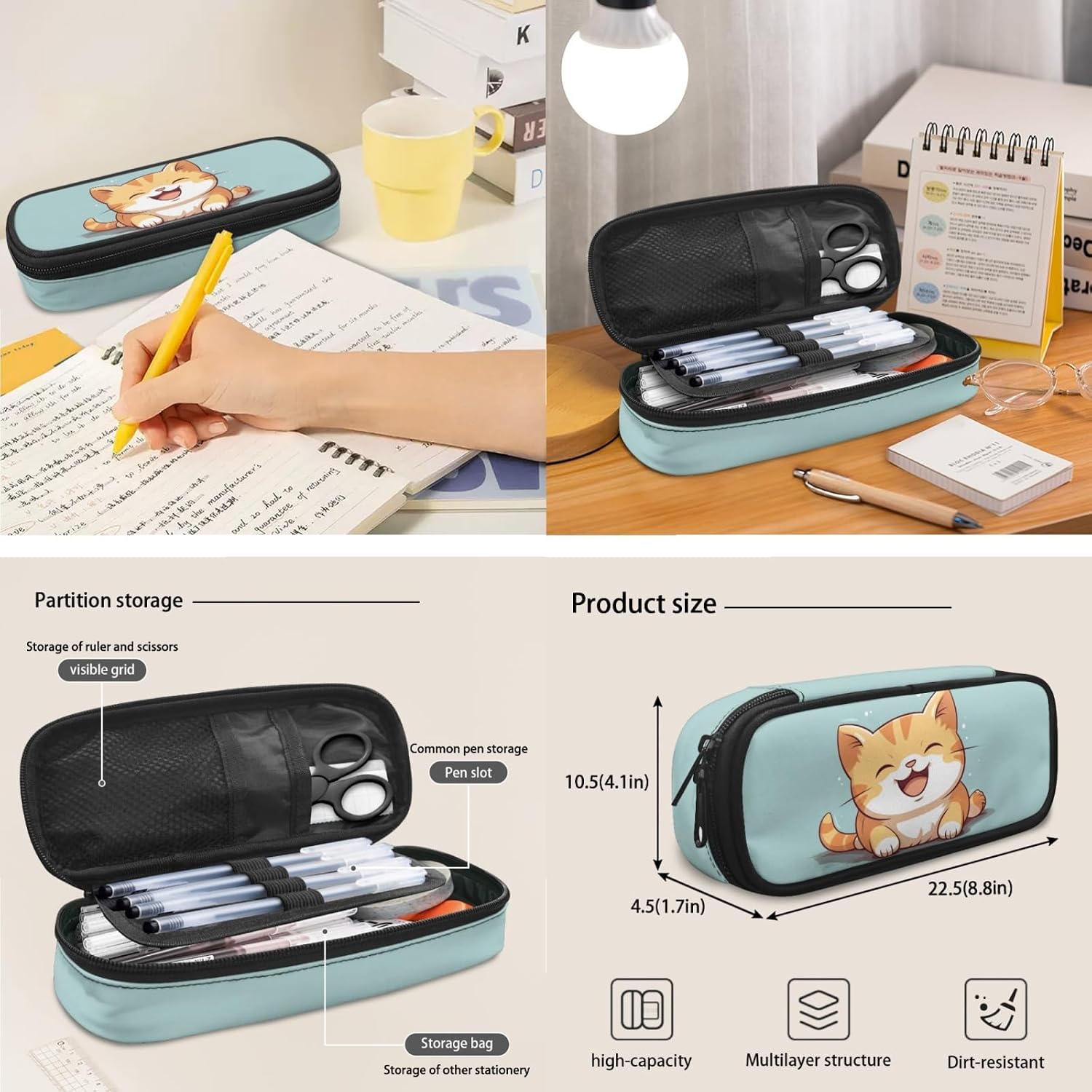 Cute Cat School Bag 3 in 1 for Girls Women Backpack with Lunch Box and Pencil Case for Preschool Kids Sturdy Book Bag with Front Pocket Boys Children Bookbags,Large