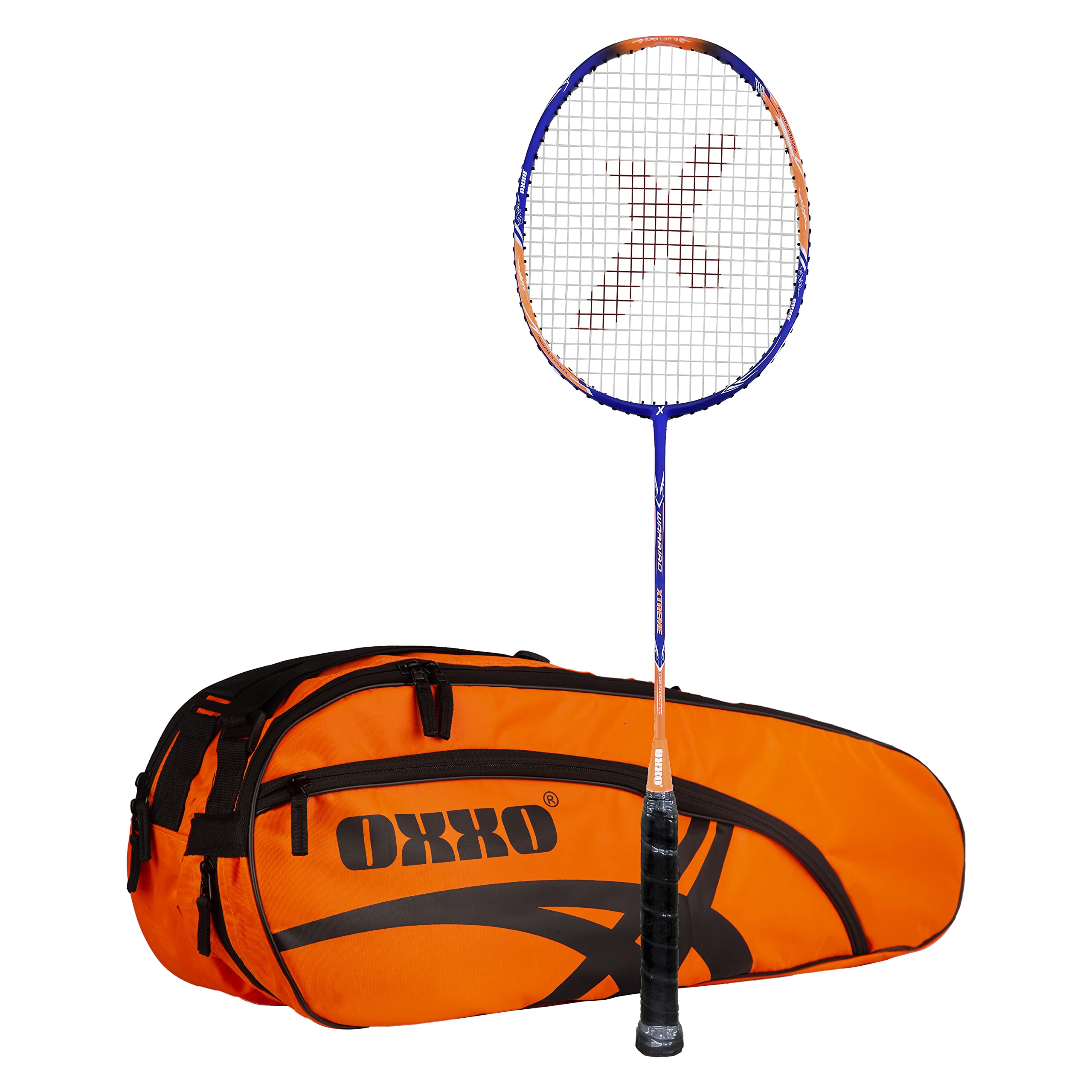 OXXO Warbird High Modulus Graphite Lightweight (75g) Professional Badminton Racket, Designed in Malaysia, Includes Premium OXXO Kitbag, Tension Upto 33 lbs, (Orange Blue)