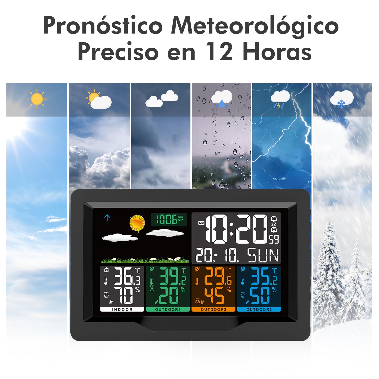 jely Estacion Meteorologica con 3 Sensores Exteriores Inalámbrica Digital Estación Meteorológica Interior y Exterior Termómetro Higrómetro con Barómetro, Pronóstico del Tiempo, Reloj DCF, Despertador
