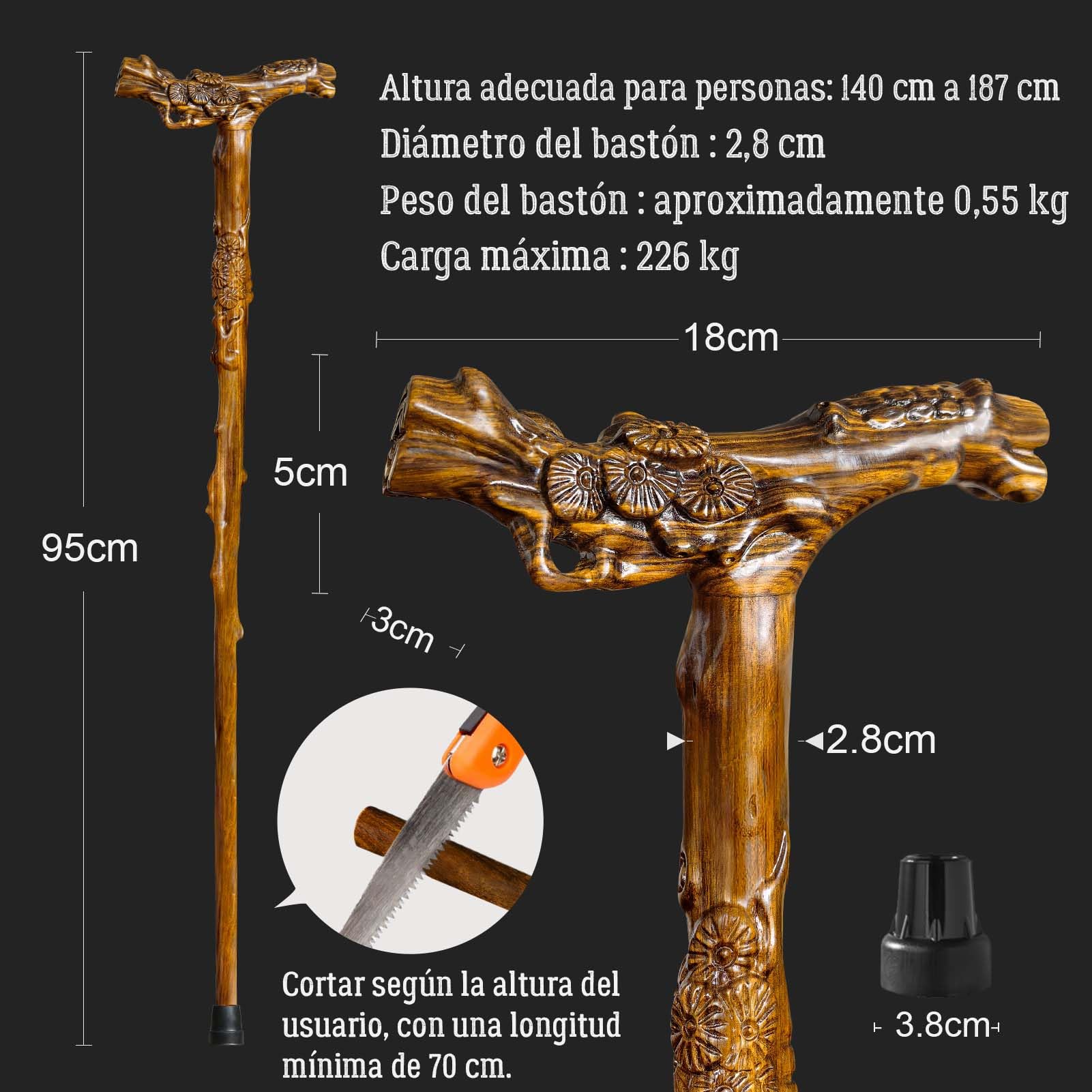 Bastón de Madera Tallado a Mano para Hombre y Mujer, con función de Masaje, soporta hasta 226 kg, Bastones de para Personas Mayores, Adecuado para Regalar (Ramas de árbol)