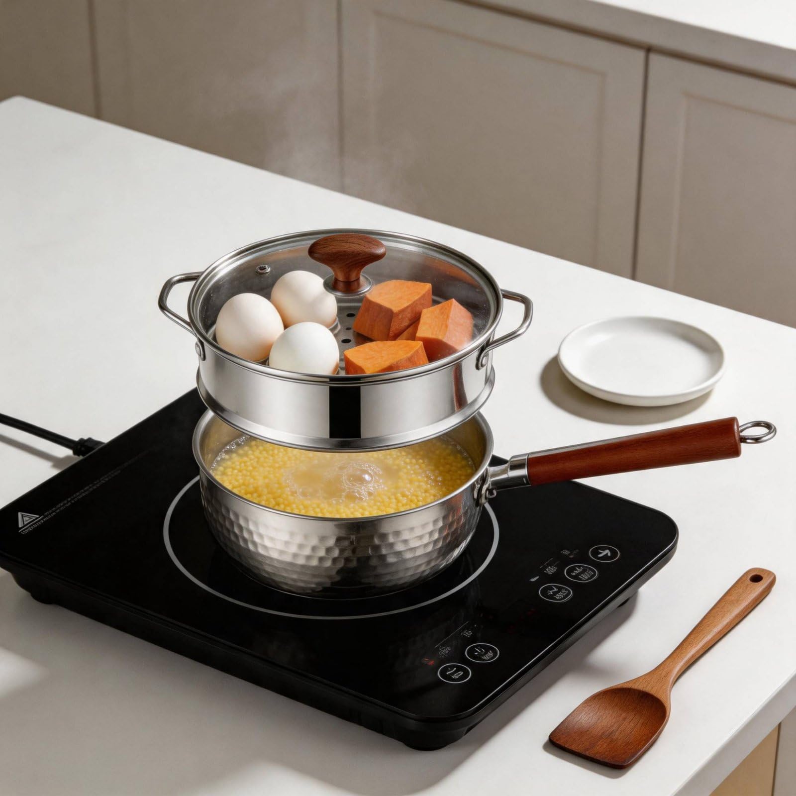 Cazo de Acero Inoxidable Olla Cazo Pequeño Cuerpo de con Base Compósita para Uniforme y Mango Largo Cómodo Adecuado para Comidas Diarias Cocina Casera, 20 Cm