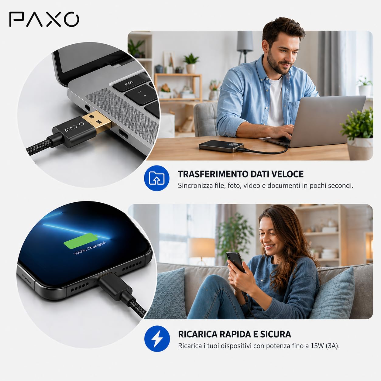 PAXO Cavo USB C 0,5m USB 3.2 Gen2 10 Gbit/s Nero