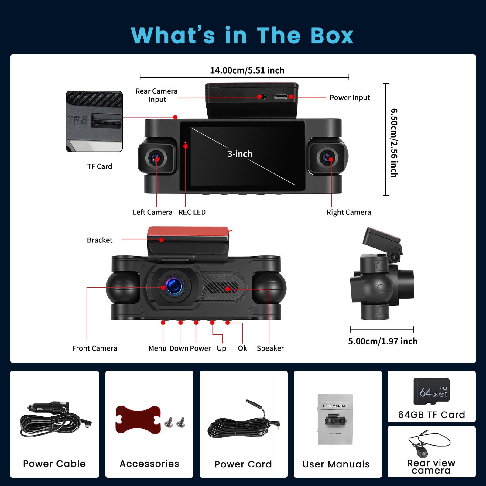 Inefala 2K WiFi 4-kanałowa kamera samochodowa Dash Cam, 2K przedni i tylny przedni 1080P wewnętrzny lewy i prawy kamera samochodowa z kartą 64 GB, nagrywanie w pętli, czujnik G