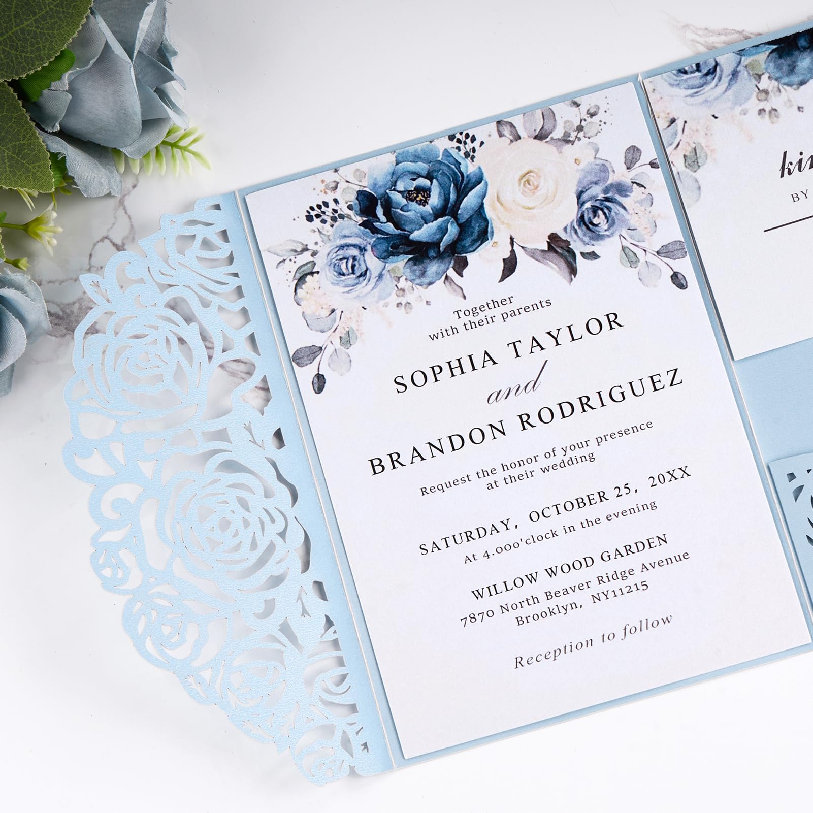 AdasBridal Hochzeitseinladungen mit Umschlägen und RSVP-Karten, Babyblau, lasergeschnitten, 50 Stück