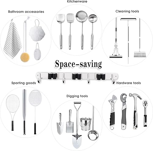 Miniatura 4 de 3 estantes y 4 ganchos soporte para escoba y trapeador montado en la pared organizador de garaje estantes de herramientas de almacenamiento de acero