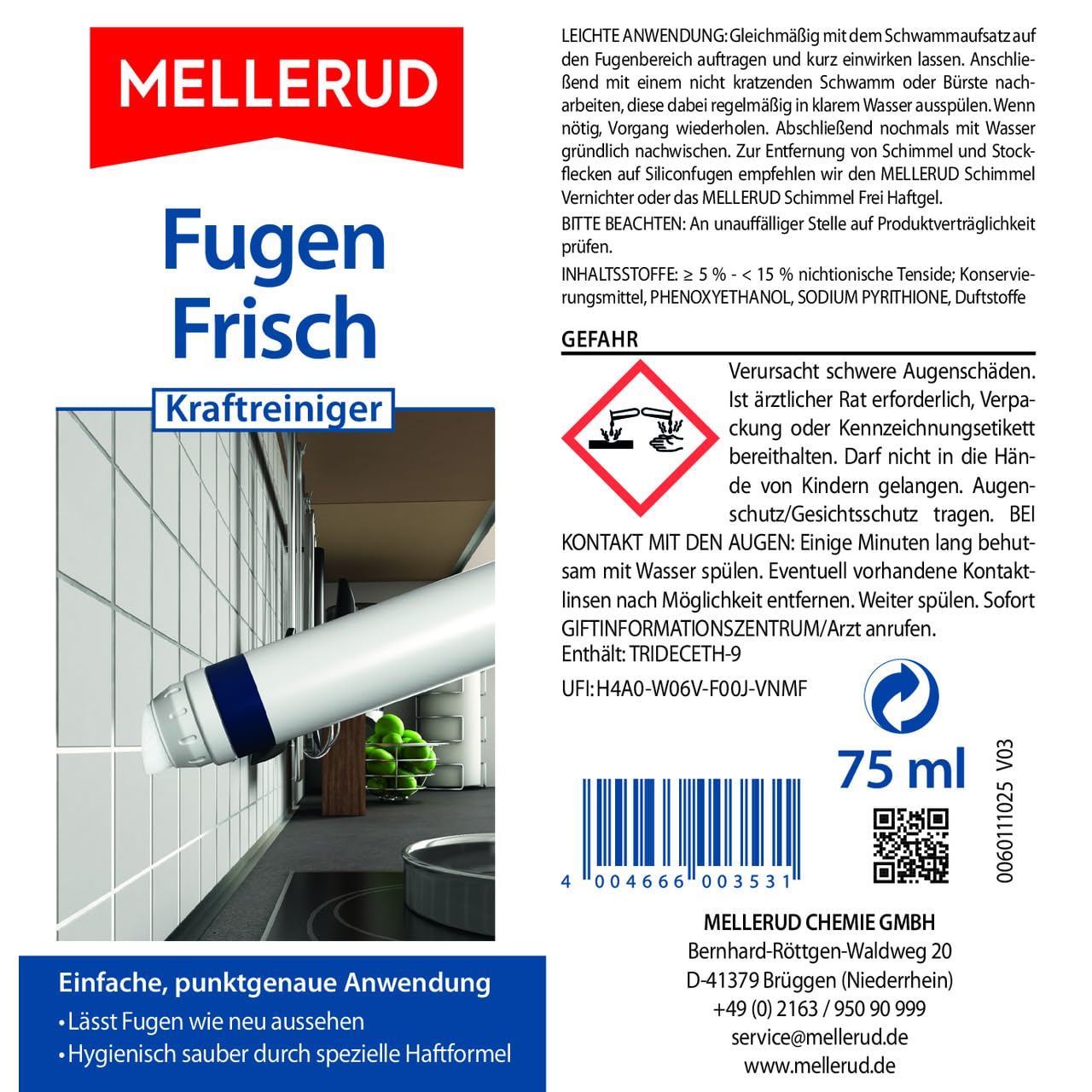 MELLERUD Fugen Frisch środek czyszczący do fug, 1 x 75 ml, środek czyszczący do usuwania tłuszczu, brudu, skorupy i folii pielęgnacyjnych na fugach