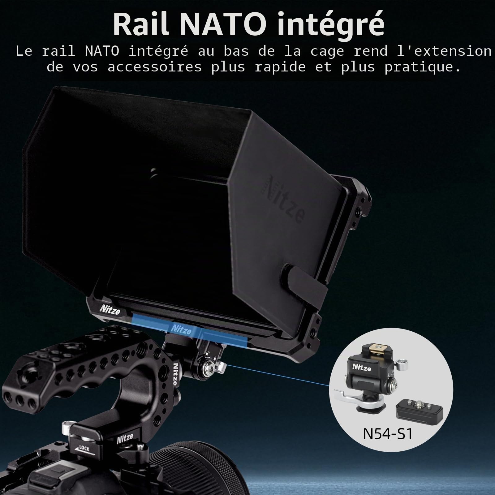 Nitze Shinobi 2 Cage pour Atomos Shinobi II/Shinobi Go, Cage pour Moniteur avec Pare-Soleil et Rail NATO - JT-A07B