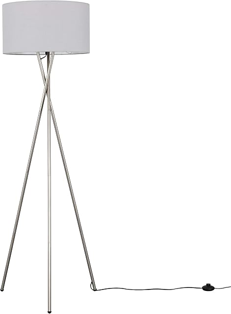 MiniSun Modern Brushed Chrome Metal Tripod Floor Lamp with a Pale Grey Cylinder Shade