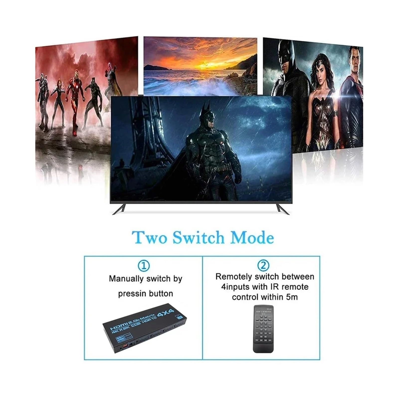 4x4-kompatibler Matrix Switch 4K HDR HDTV-kompatibler Matrix Switcher Splitter 4 In 4 Out Box HDCP 2.2 für Gaming-Streaming und Multi-Source-Aufnahme