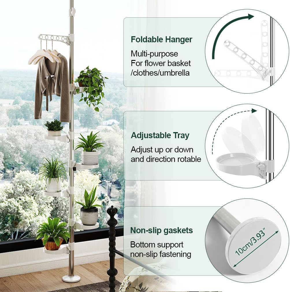 Hershii 7-Layer Tension Pole Plant Stand Indoor Decorative Display Rack Stands for Flower Pots Floor to Ceiling Adjustable Hanging Corner Shelf