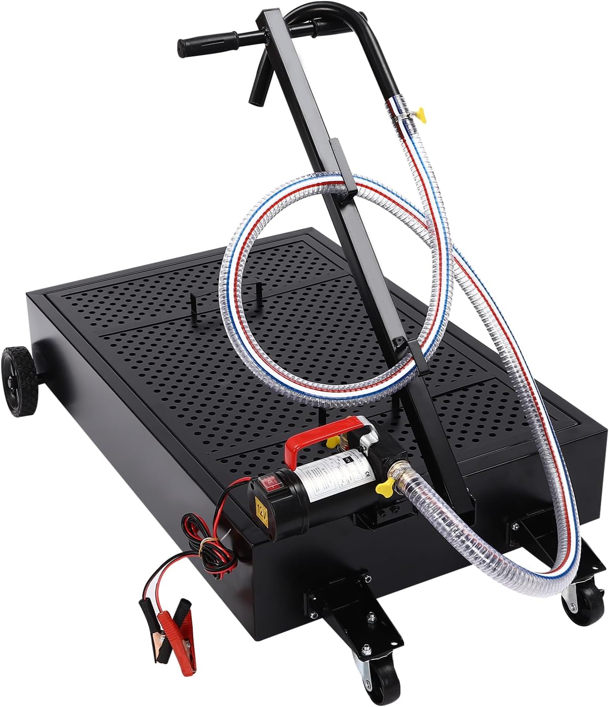 17 Gallon Oil Drain Pan Low Profile Oil Drain Tank with Manual Rotary Pump & 7.2 Ft Hose Oil Drain Cart with Foldable T-Handle Oil Change Pan for Car, SUV, Truck