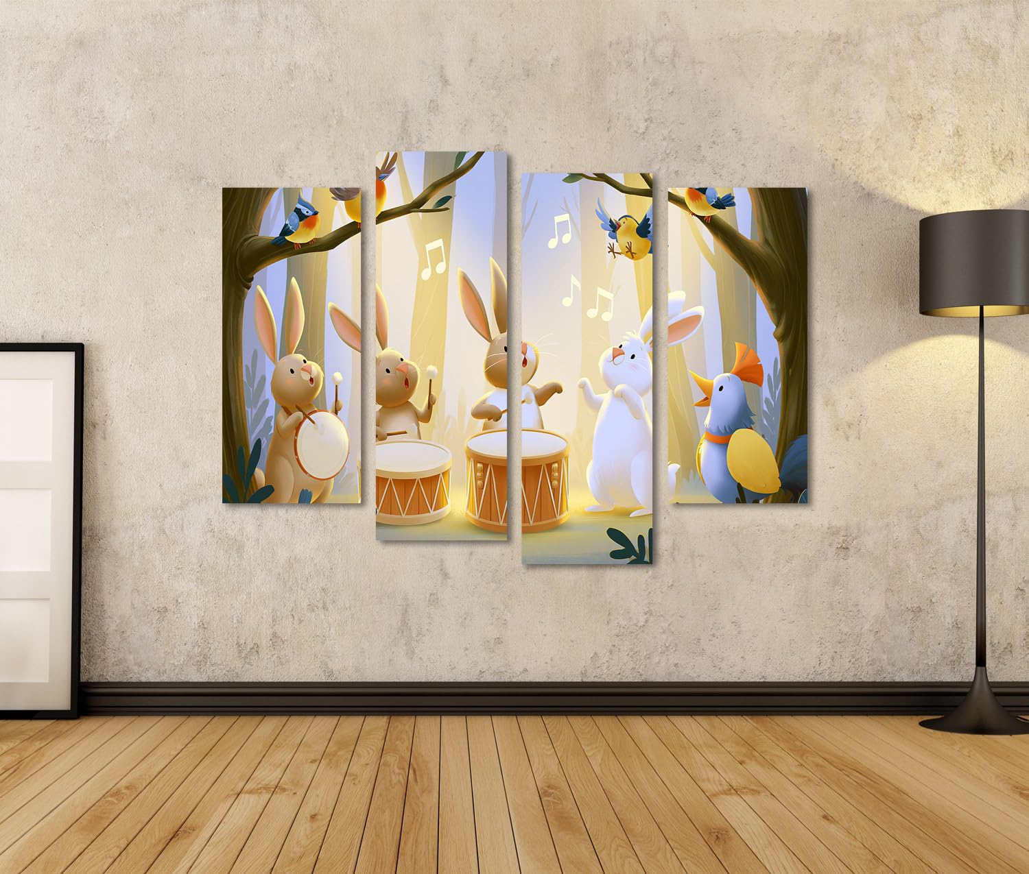 islandburner Quadro su tela con incantevoli animali della foresta, scena musicale, poster per la cameretta dei bambini, 4 pezzi