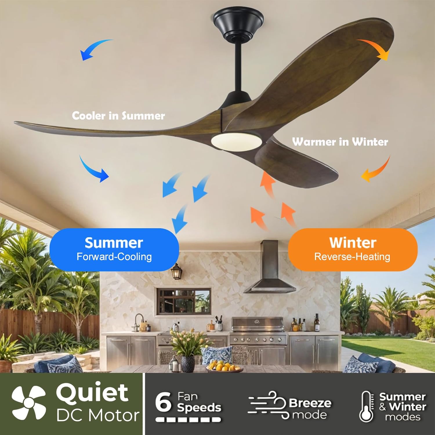 52 Inch Smart Outdoor Patio Ceiling Fan with Light Damp Rated, Rustic Farmhouse 3 Blades Propeller Wood Ceiling Fan with Alexa/Remote/App Control, Large airflow Quiet DC Motor for Indoor Exterior