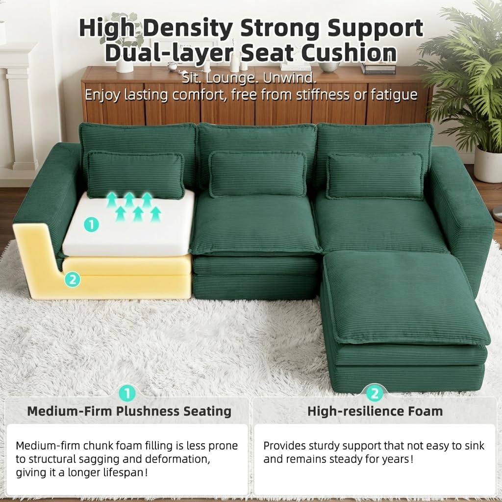 109" Sectional Couch Boneless Modular Sofa for Living Room with Ottoman | No Assembly Required Sofa Bed L shaped Couch | Corduroy Deep Seat Couch with Double Layer Cushion & Removable Cover | Green
