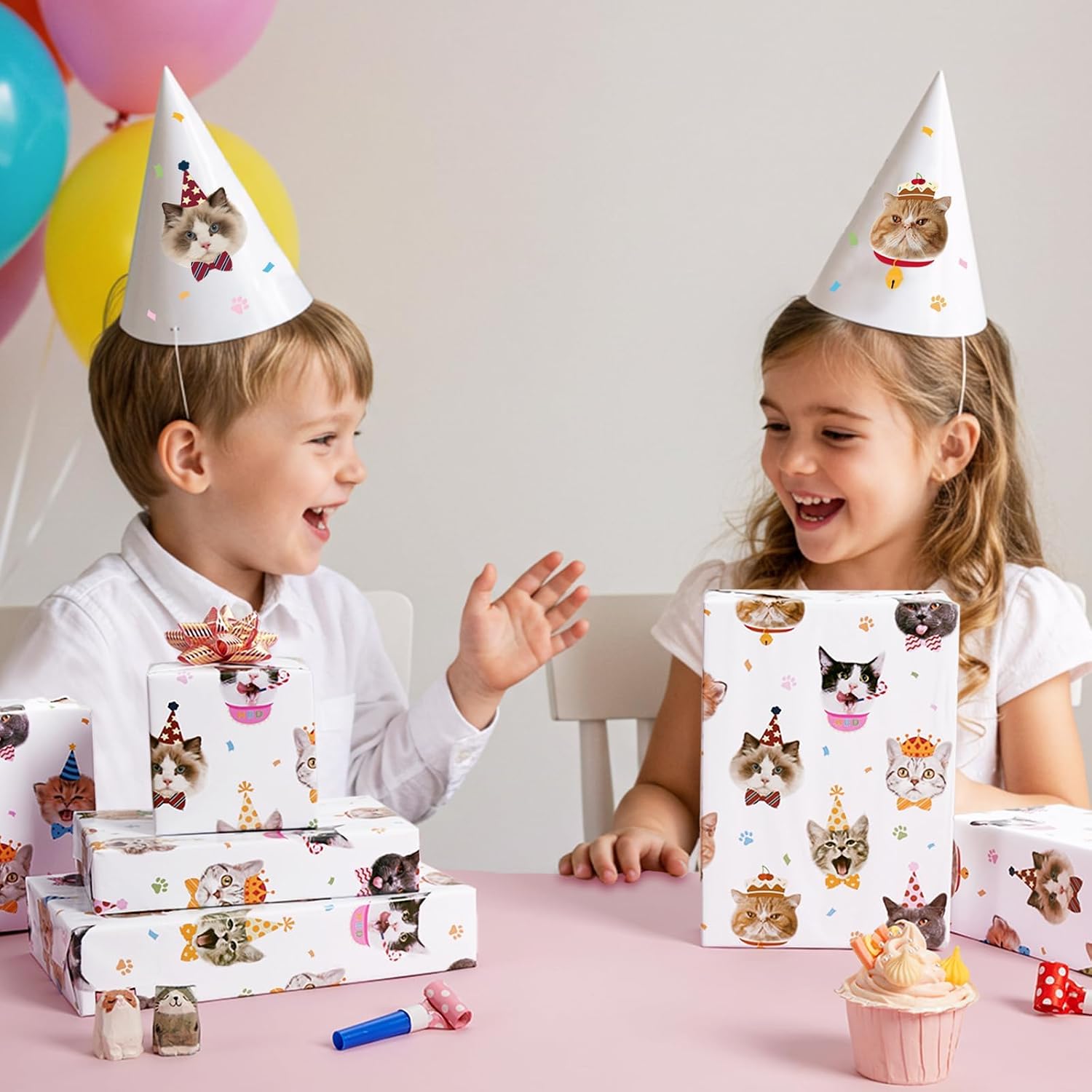 WERNNSAI Cat Birthday Wrapping Paper - 6 Sheets 19.7” x 27.5” White Cat Gift Wrapping Paper for Kids Birthday Party Gift Packing Supply Funny Cute Theme Decor Favor