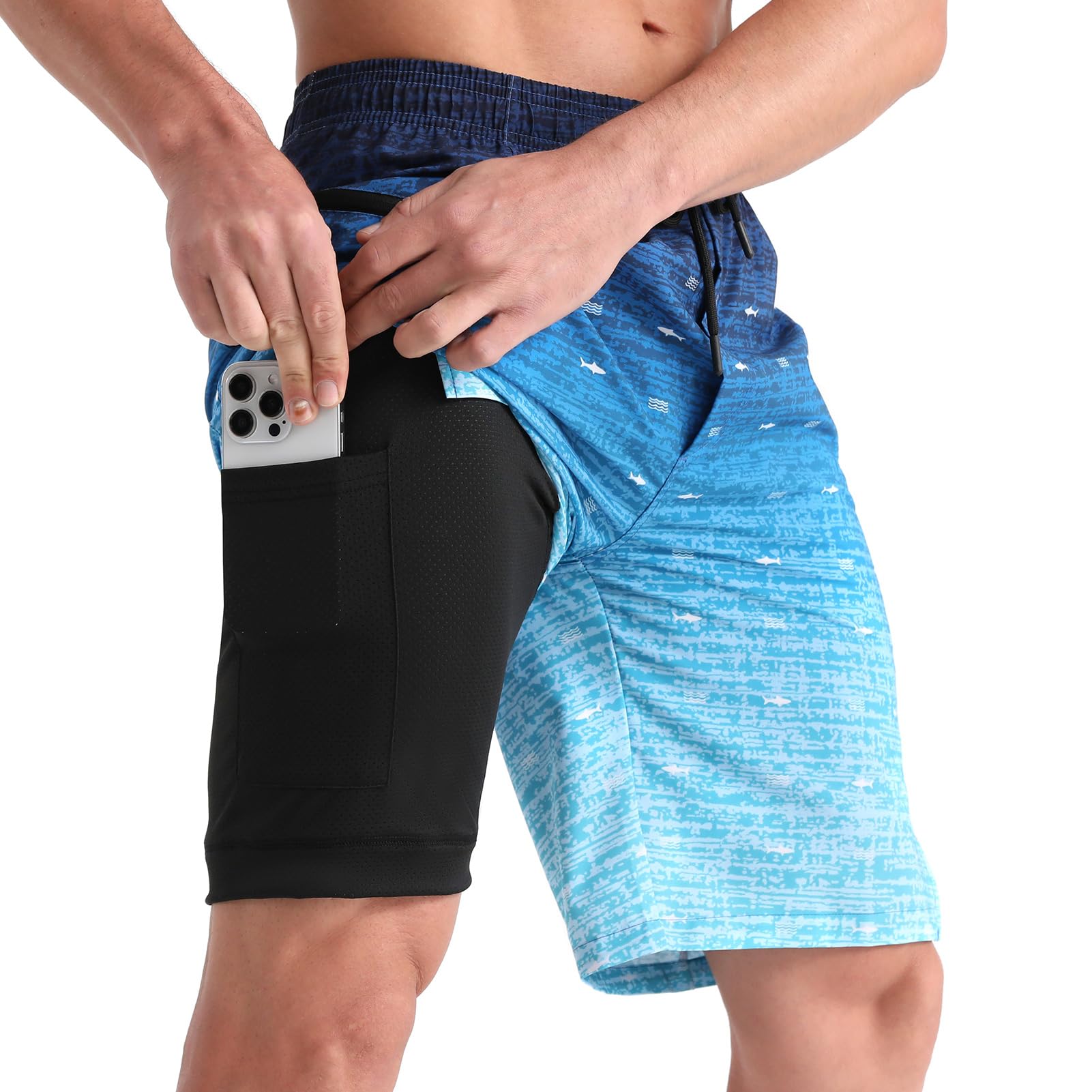 zeetooMens Swim Trunks with Compression Liner 9" Inseam Quick Dry Swim Shorts with Zipper Pockets Bathing Suit