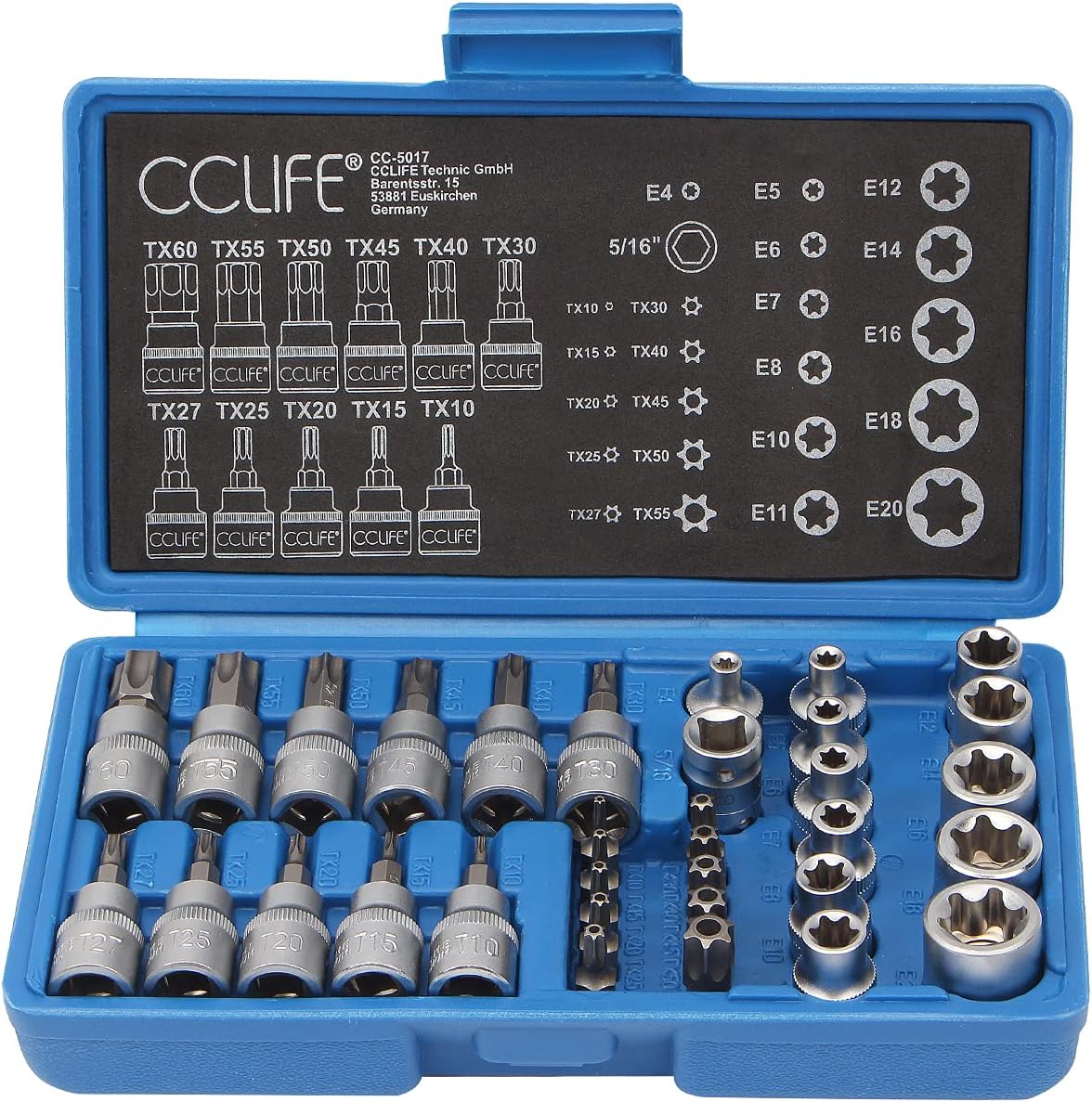 CCLIFE 34pcs Torx Bit Socket Hex Set S2 Bit, E4-E20 | T10-T60 Torx| 5/16" F to 3/8" M Adapter