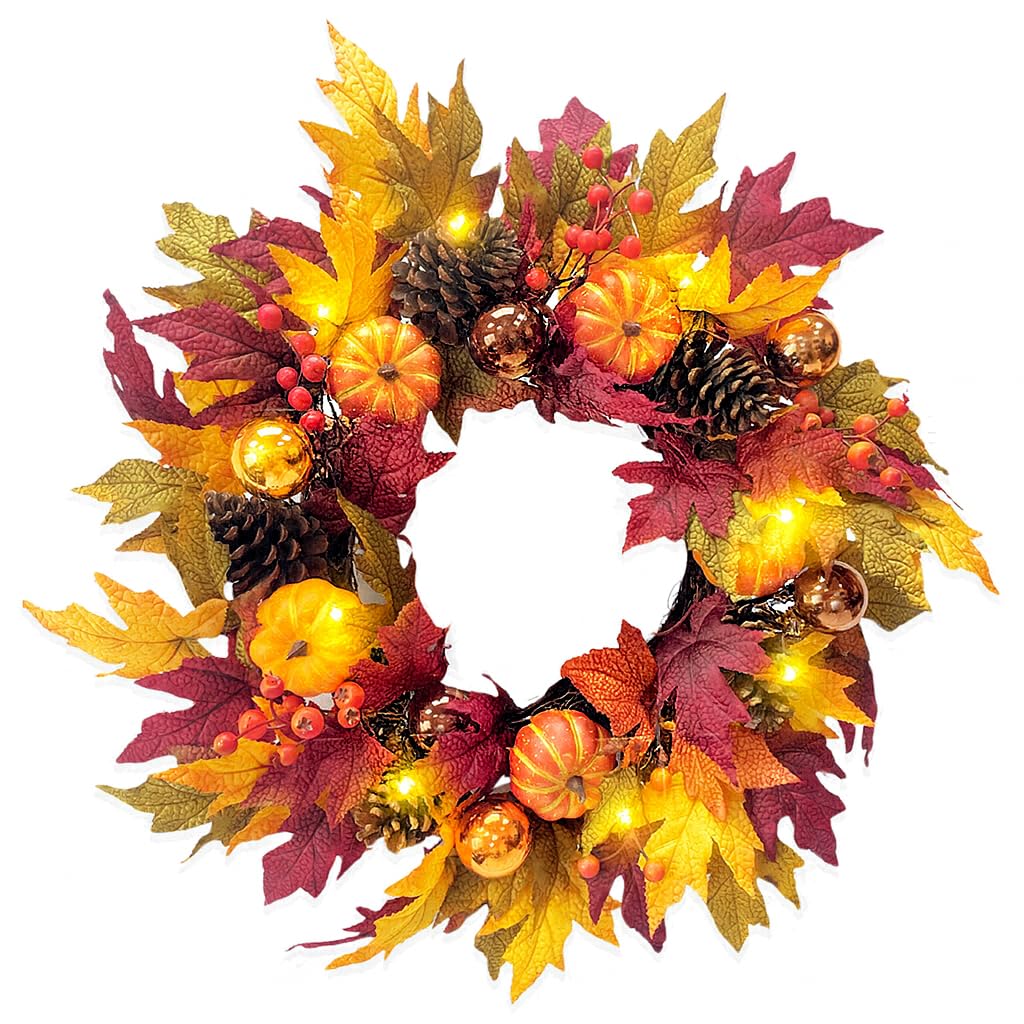 no cat 24" Fall Wreath with Pumpkins, Maple Leaves & Timer LED Lights – Autumn Front Door Wreath with Removable Cat Decor, Thanksgiving Harvest Decor for Indoor Outdoor