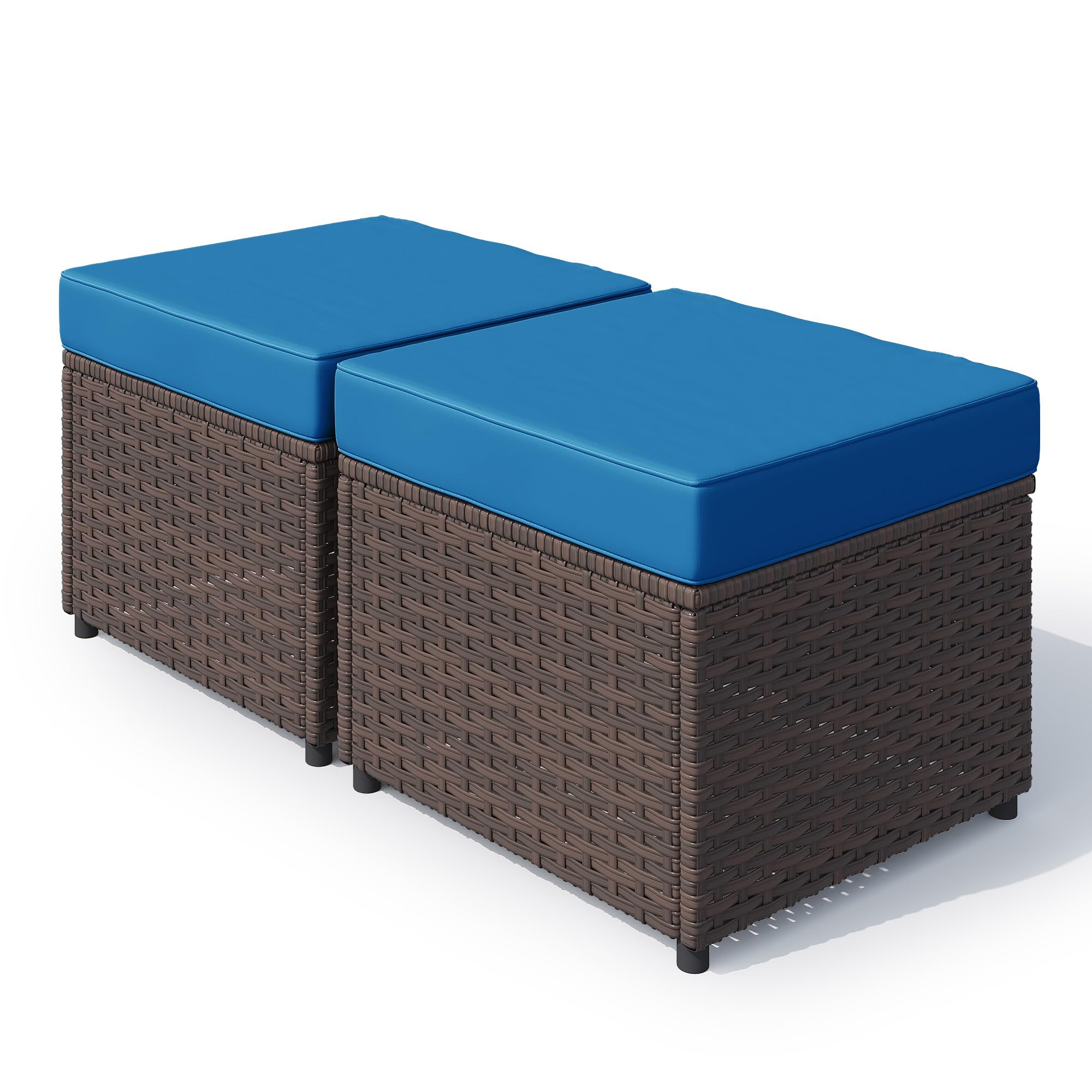 HOMREST Outdoor Patio Ottomans Set of 2, 20-Inch All-Weather PE Wicker Footstool with Removable Cushions, 3-in-1 Function Extra Seating &amp; Side Table for Backyard, Balcony, Poolside (Navy)