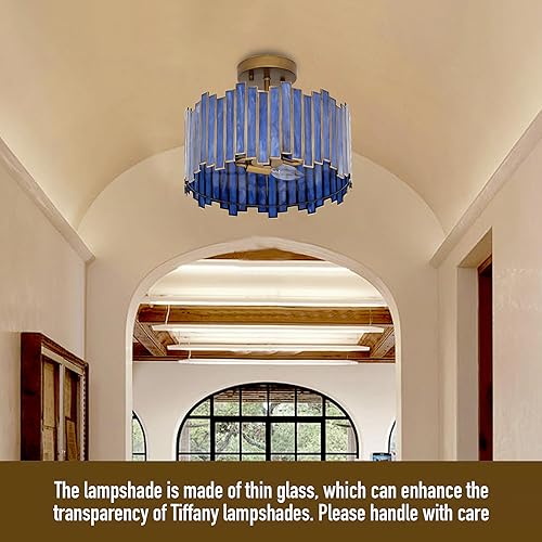 Miniatura 4 de Lámpara de techo de latón antiguo en forma de tambor, lámpara Tiffany moderna de montaje semiempotrado de 12.5 pulgadas con vidrio azul morado,