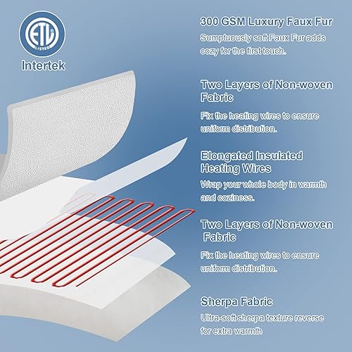 Miniatura 4 de Bilicolor Manta térmica eléctrica de lujo de piel sintética Sherpa de 50 x 60 pulgadas, manta de calentamiento rápido, 5 niveles de calefacción, 3