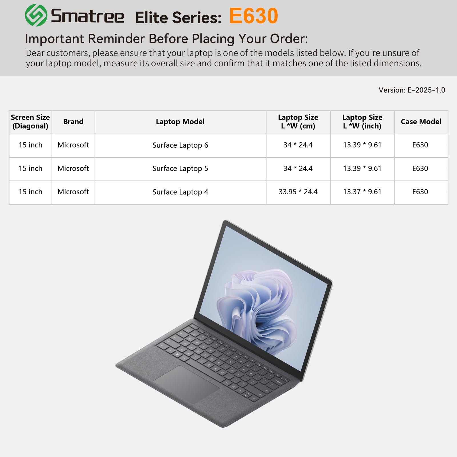 Smatree custodia per portatile per 15 pollici Microsoft Surface portatile 6/5/4, protettiva Notebook custodia con tasca per accessori, YKK cerniera, brevettato antiurto design (E630)
