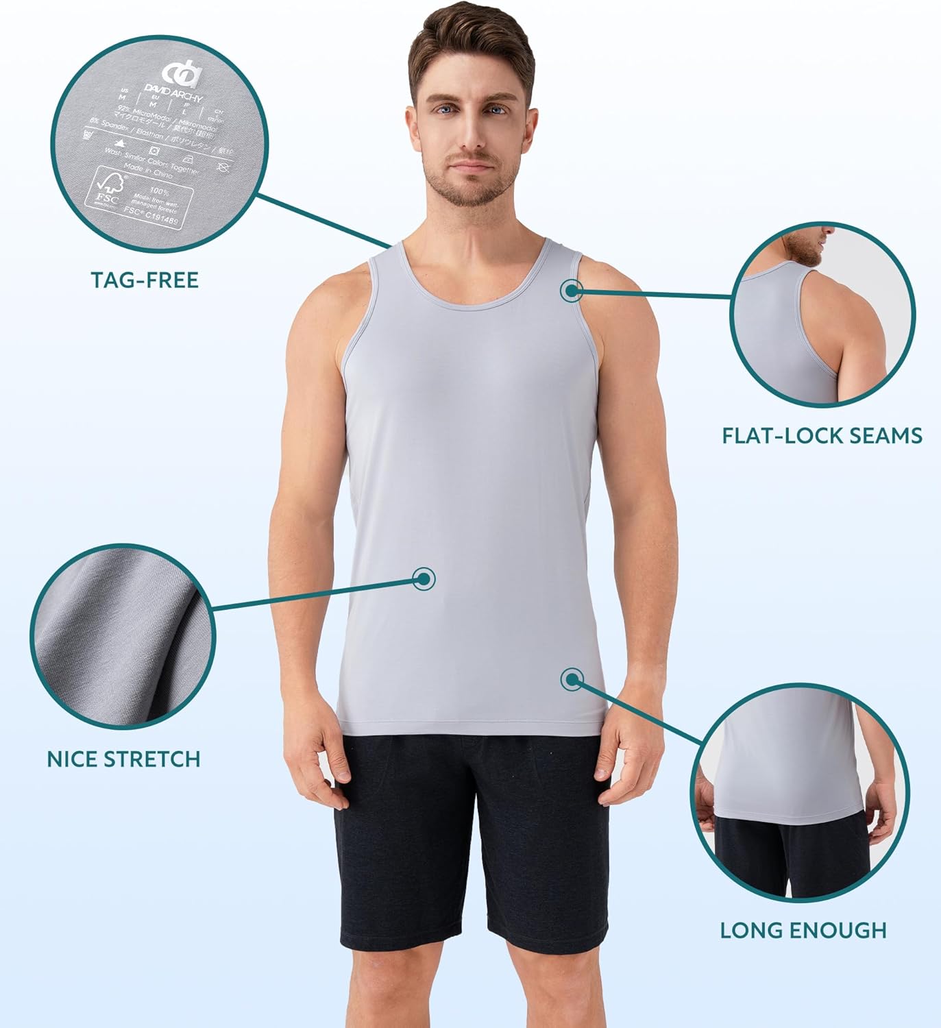 DAVID ARCHY Men's Tank Top Undershirt Micro Modal Undershirts Moisture-Wicking Tank A-Shirt for Men, 3-Pack - Image 6