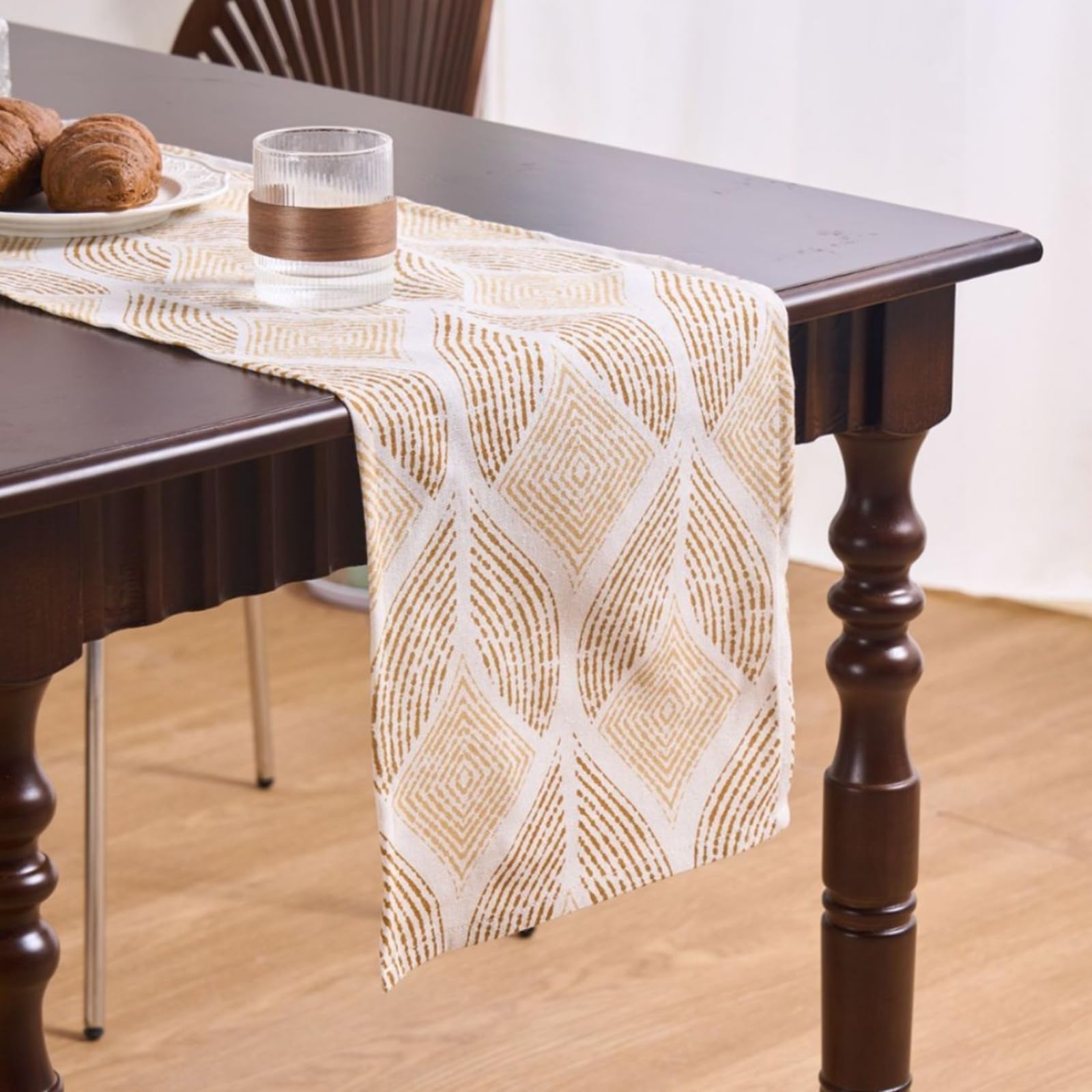 Runner da Tavolo Poliestere Cotone 33x300 cm, Runner da Tavola Moderno Lavabile Motivo Rombi e Foglie Esterno Interni Decorazioni per Tavolino da Compleanni Matrimoni, Cachi