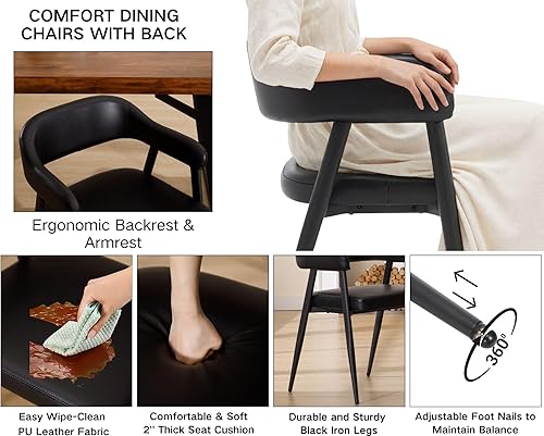 Miniatura 4 de HNY Juego de 2 sillas de comedor modernas, estilo retro, tapizadas de piel sintética, sillas de comedor con brazos, silla decorativa negra de
