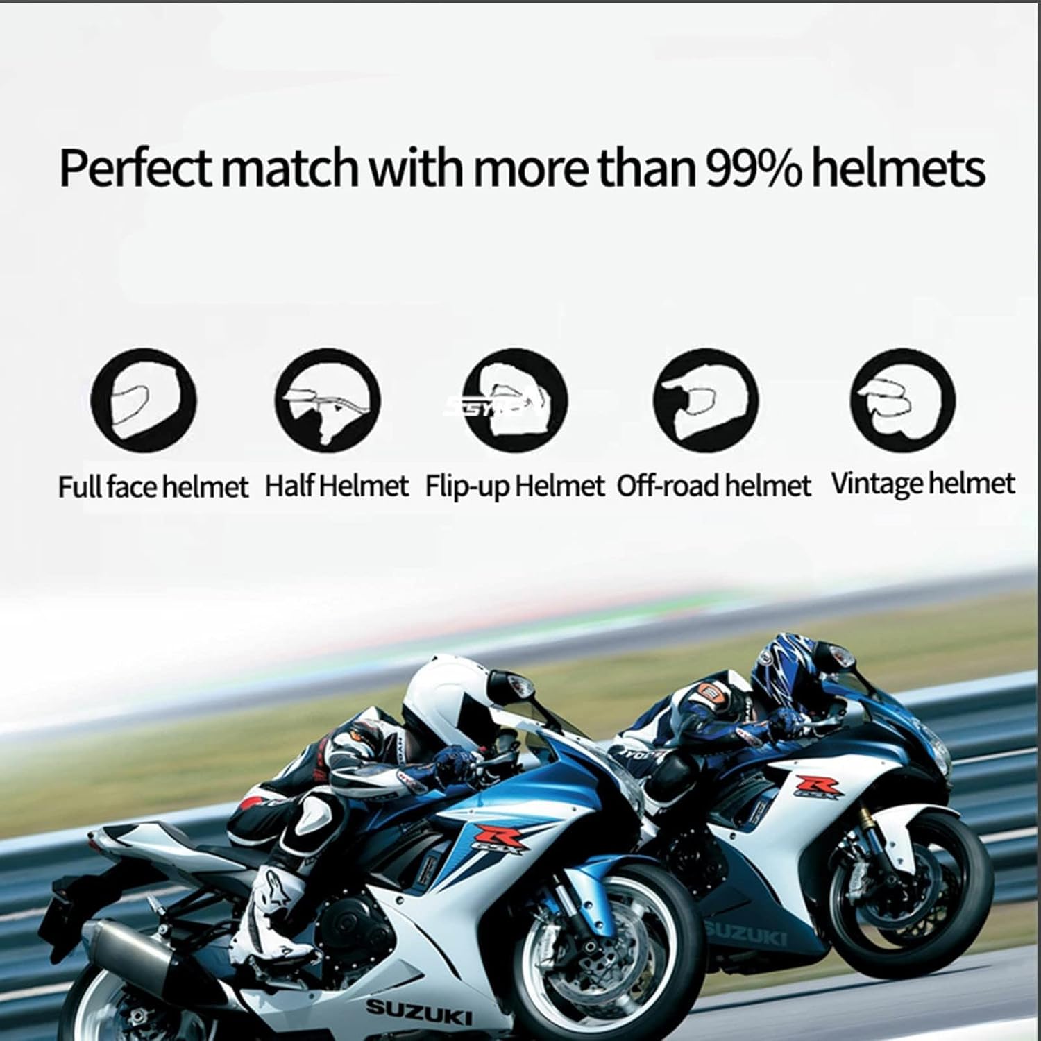 Various helmet types including full face, half, flip-up, off-road, and vintage helmets, indicating compatibility with the intercom unit.