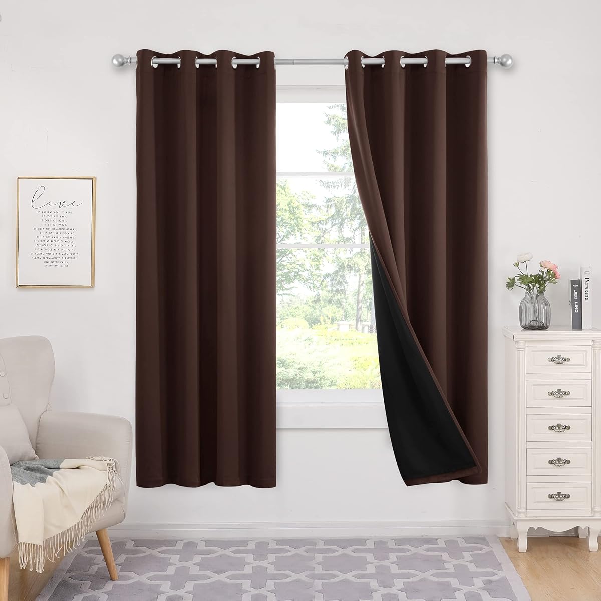 Deconovo Bedroom Curtains 100% Blackout with Black Liner, Energy Saving Drapes, Thermal & Noise Reducing Window Curtains for Living Room Kids Room Balcony, Chocolate/Grommet, W52 x L72