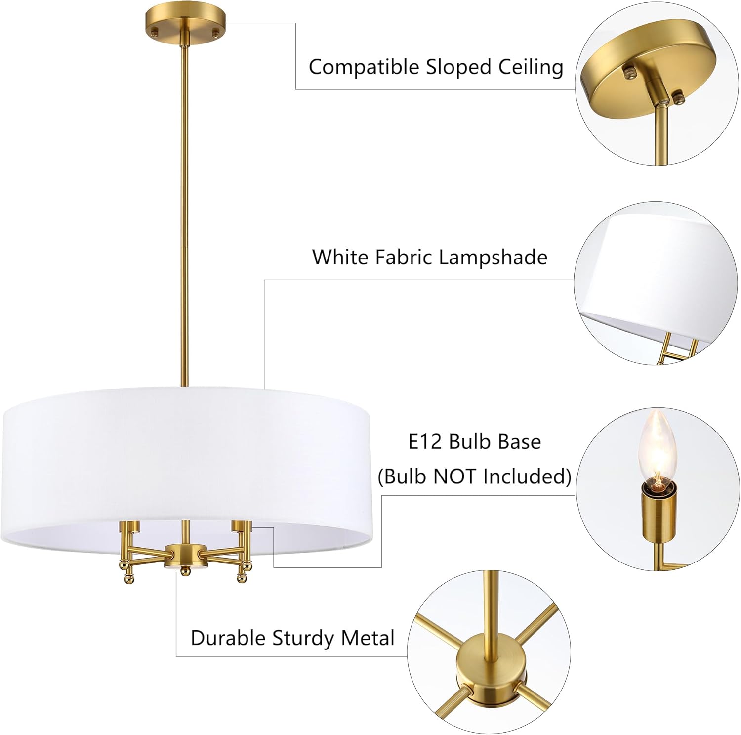 20" gold modern drum chandelier, 4-light hanging ceiling chandeliers with white fabric shade, adjustable height pendant lights, farmhouse light fixture for dining room, bedroom, living room (e12 base)