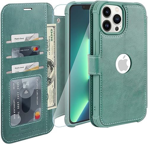 Miniatura 7 de VANAVAGY Funda tipo cartera compatible con iPhone 13 Pro para mujeres y hombres, funda de piel con bloqueo RFID con soporte para muñeca, carga