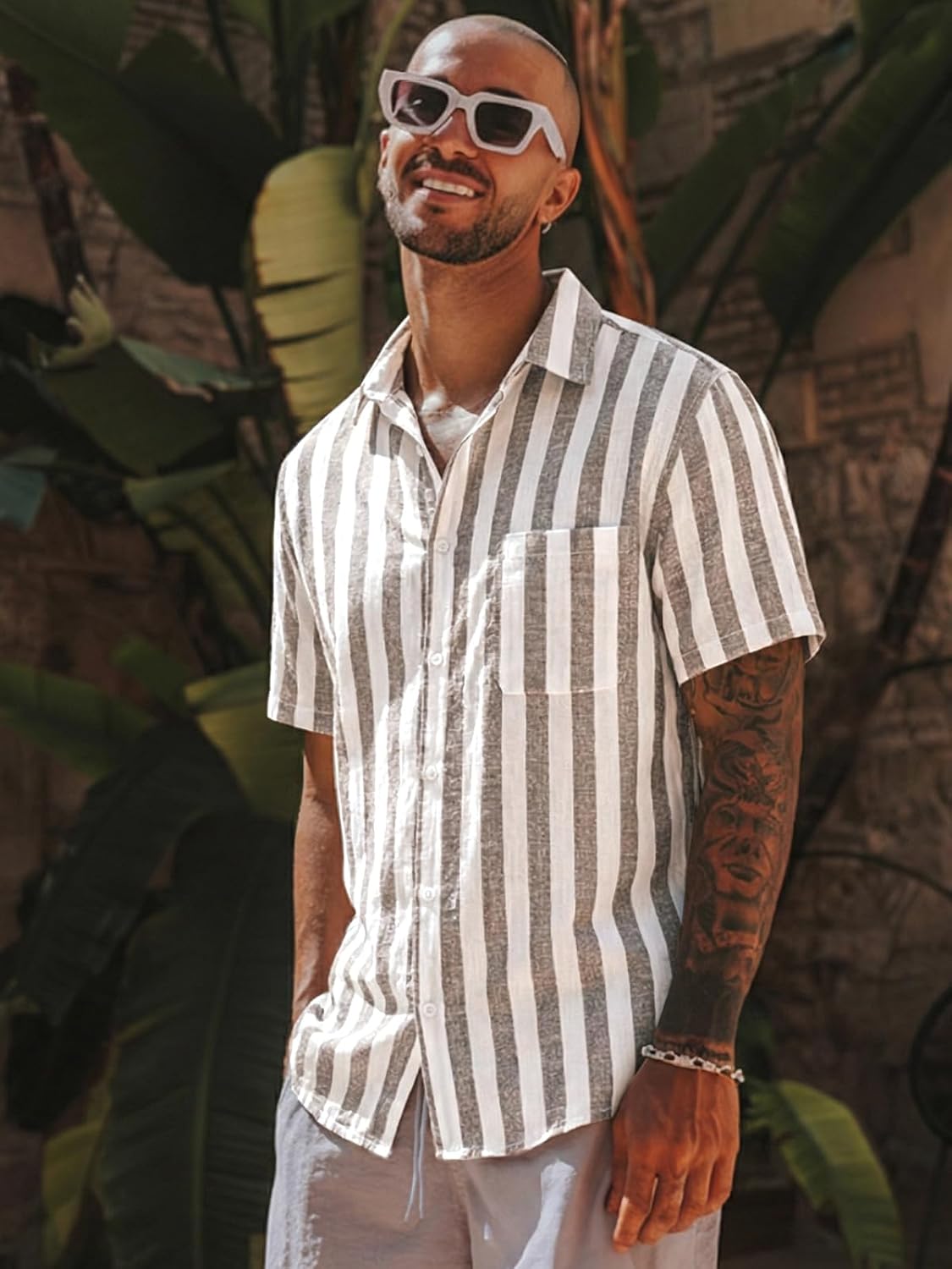 Runcati Mens Striped Button Down Shirts Casual Short Sleeve Linen Shirt Summer Beach Vacation Tops - Image 3