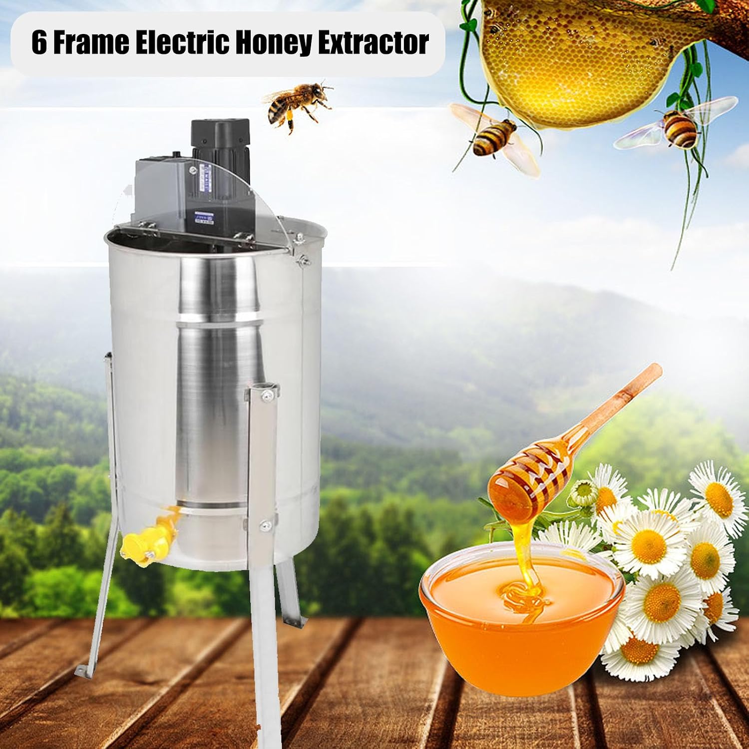 Honey Extractor Electric 6 Frame, 304 Stainless Steel Honey Centrifuge Extractor, with Stainless Steel Bracket and Acrylic Transparent Lid, for Apiaries and Family Use,6 Frame