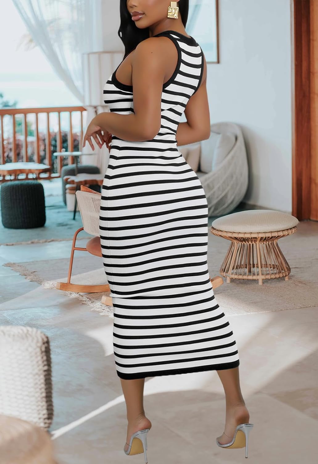 Women's Striped Summer Bodycon Tank Sleeveless Round Neck Casual Knit Pencil Midi Dresses - Image 5