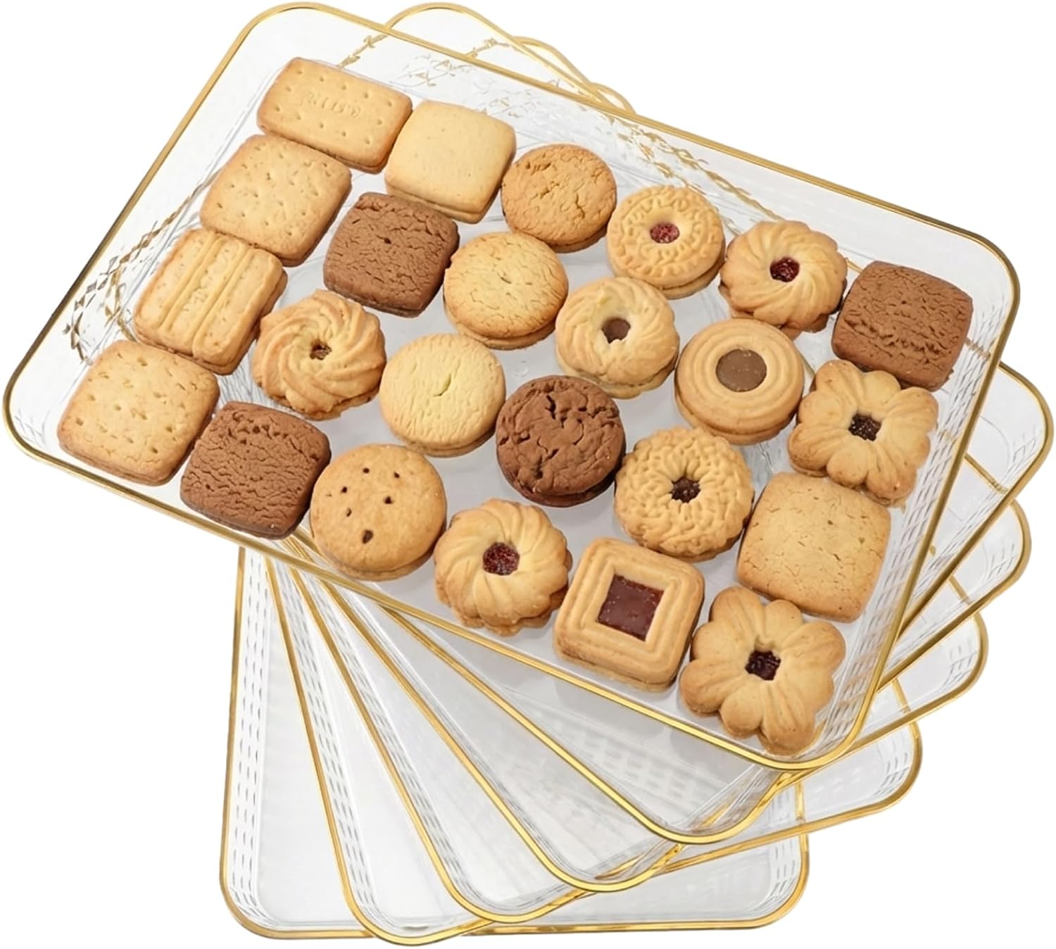 6 Pcs Serving Trays 14.4 x 10 Inch Large Party Clear Plastic Serving Platters with Gold Rim, Reusable Rectangular Trays for Food Dinner Fruit Dessert Cookie Cake Appetizer