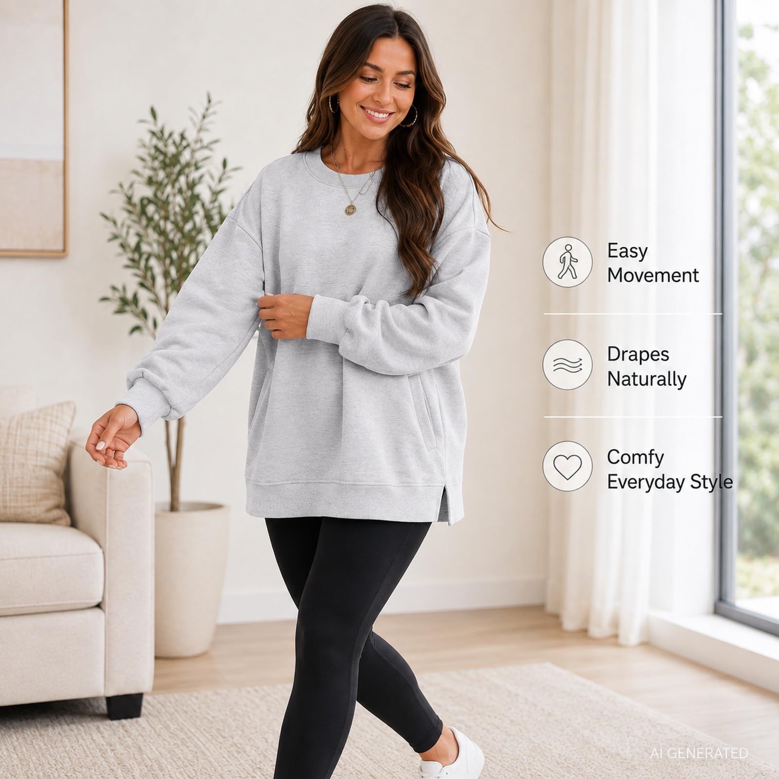Damska bluza oversize z okrągłym dekoltem sweter z długim rękawem luźny