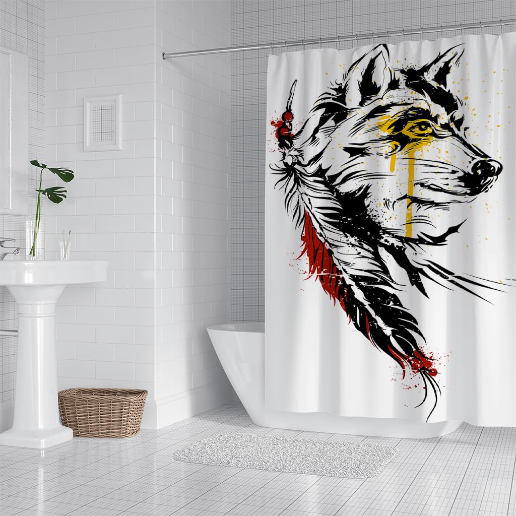 Cortina de Ducha 240 x 200 cm con Estampado de Lobo para Niños, Estilo Bohemio, con Diseño de Pintura en Tinta, Color Blanco, con Ganchos, Impermeable y de Secado Rápido, 240 x 200 cm (1 Paneles).